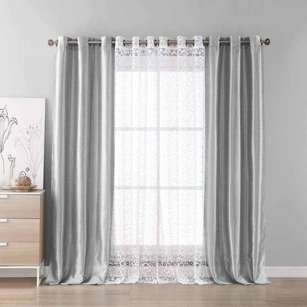 Home Maison Leoc 4 Piece Floral Burnout Sheer Grommet Top Window Curtain Drape Set for Bedroom, Livingroom, Kids Room, Children, Nursery-Assorted Colors, 37 x 84 Inch, Overcast