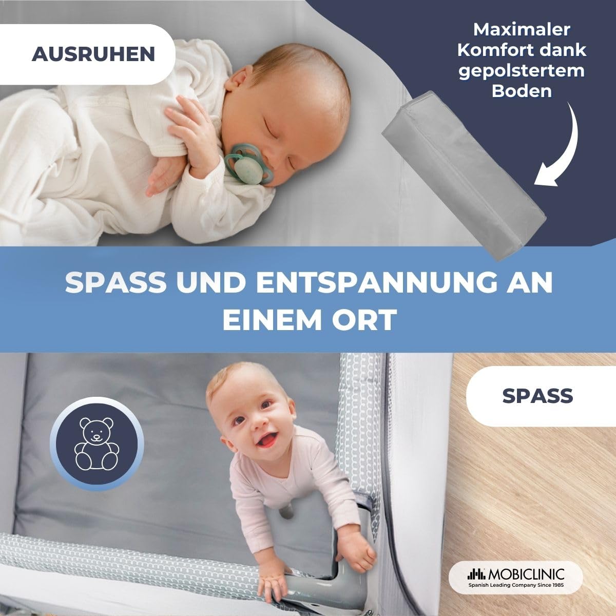 Mobiclinic®, Baby Laufgitter, 2 in 1, Reisebett, Tragetasche, Faltbar, Seitlicher Einstieg, Baby Laufgitter, 0-3 Jahre, Atmungsaktives Netz, 2 Räder mit Bremse, Herausnehmbare Matratze, Sleepland