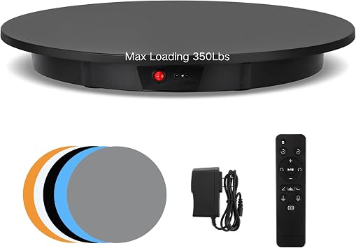 JAYEGT Motorized Rotating Display Stand, 350Lbs Load,360 Degree Electric Rotating Potography Turntable for Products Display,Live Show, Remote Control +5 Colors Backgrounds Black/23.6Inch/Wired