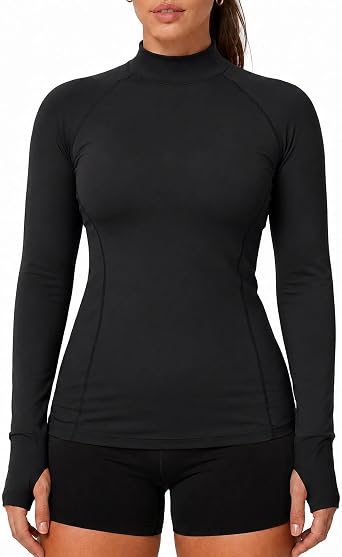 Zengjo Womens Athletic Tops Mock Neck Long Sleeve Workout Shirt Thumb Holes