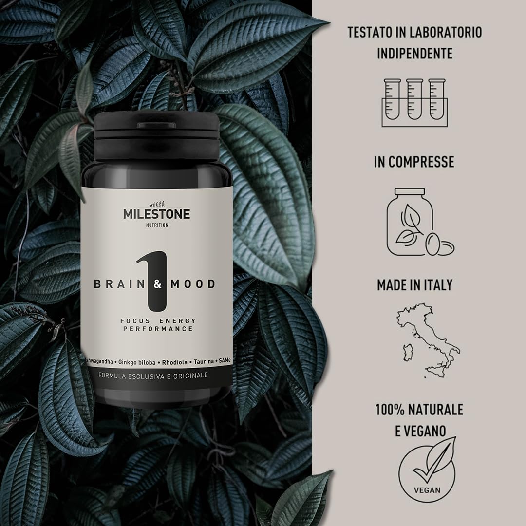 Brain & Mood Integratore Nootropico Naturale | Integratori Energetici Memoria e Concentrazione | Ashwagandha, Ginkgo Biloba e Rodiola Rosea | Integratore Cervello | Multivitaminico | 60 Compresse
