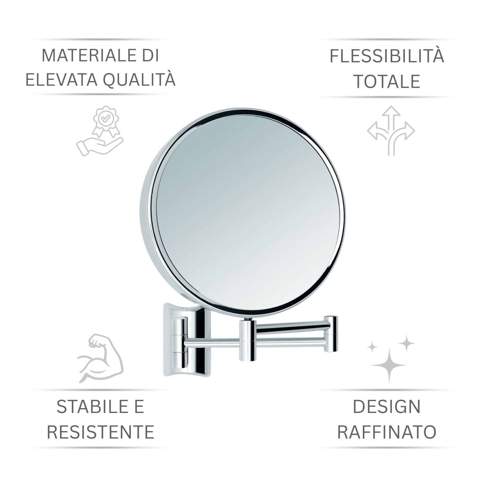 Imola Specchio Ingranditore da Parete – Specchio Trucco Girevole a 360° – Specchietto Bifacciale per Rasatura con Ingrandimento 3x e 7x – Braccio Estensibile in Metallo Cromato, Ø 19 cm