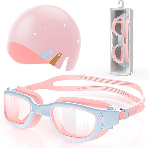 Miniatura 8 de Kids Swim Goggles with Silicone Swim Cap, Swimming Goggles Cap Set for Kids 6-14, Anti-Fog Anti-UV for Boys Girls Casquillo blanco/rosa+rosa,Gorra