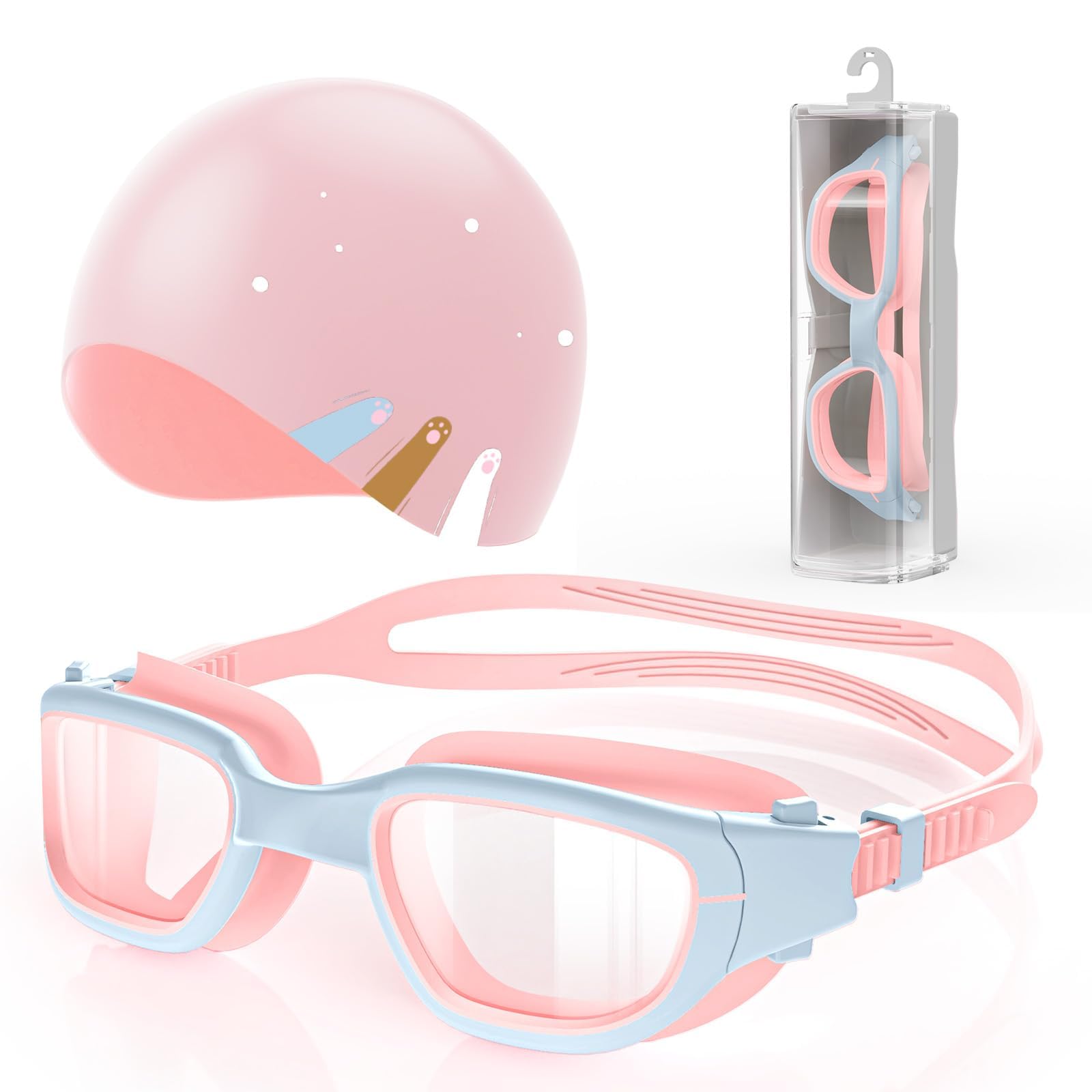 Zeligerstar Kids Swim Goggles with Silicone Swim Cap, Swimming Goggles Cap Set for Kids 6-14, Anti-Fog Anti-UV for Boys Girls