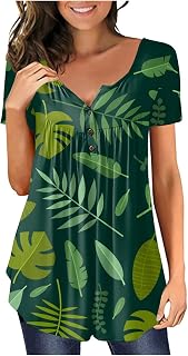 PAIHUIART Womens Tops and Blouses for Spring, Summer Light Short Sleeve Shirt Women Vacation Oversized Casual Baggy Polyeste Tops Crew Neck Buttons Graphic Shirts for Women