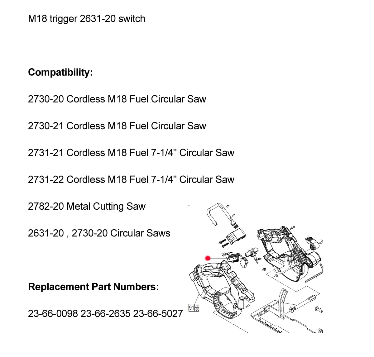23-66-2635 Switch Fit for M18 2730-20 2730-21 2731-21 2731-22 2631-20 Cordless Circular Saw 2782-20 Metal Cutting Saw, Replacement Part 23-66-0098 23-66-5027