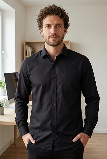 Anand Men's Solid Chinese Collar Full Sleeves Regular Fit Cotton Shirt -AI_OFC_SHCL02_XL Black