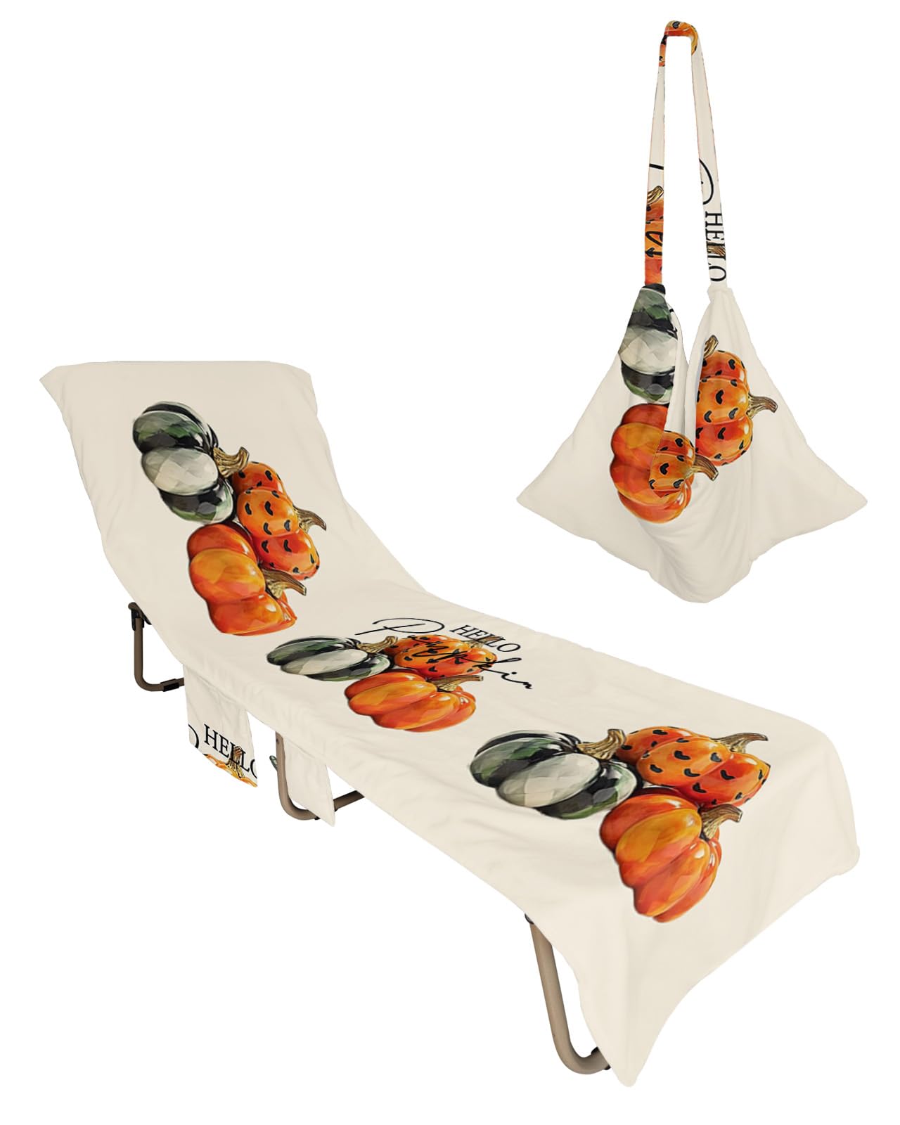 Orange Green Pumpkins, Beach Lounge Chair Towel Cover, Soft Chaise Lounge Towel with Side Pockets Patio Pool Chairs Cover for Beach/Pool Sunbathing 29x85 Fall Thanksgiving Autumn Harvest