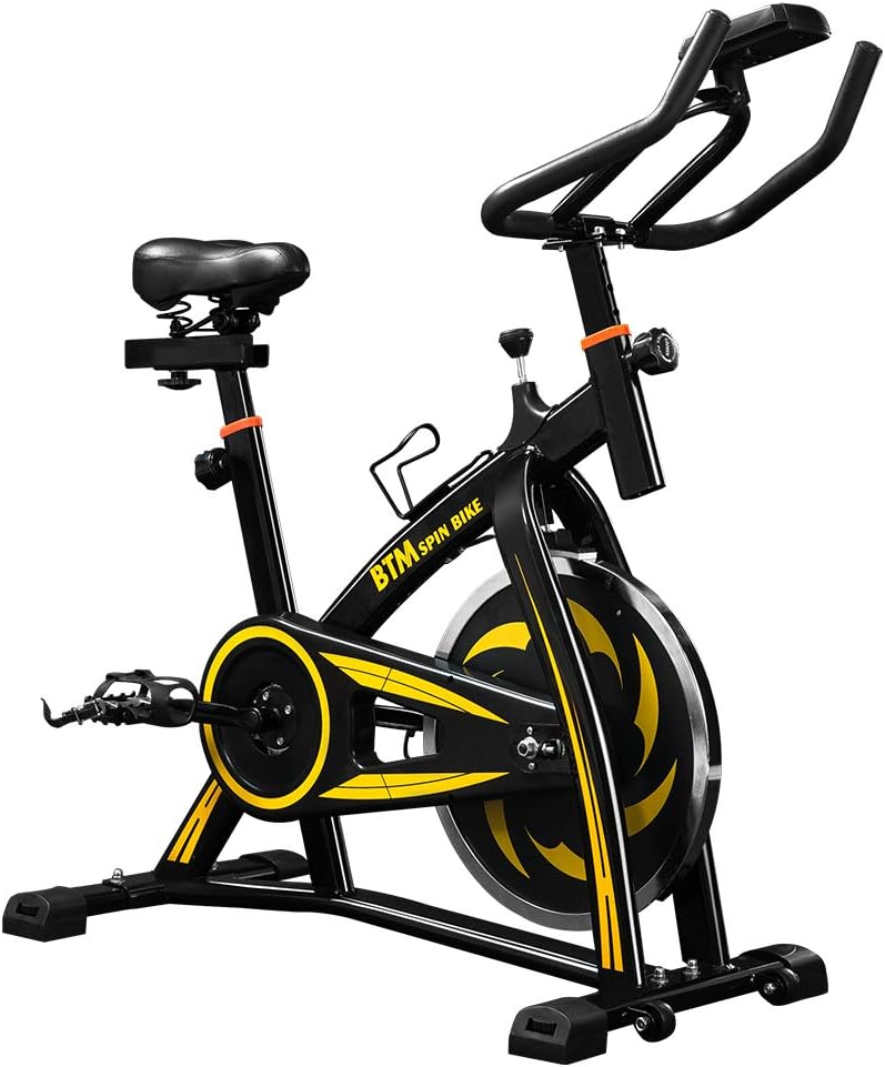 Nyyi Indoor Cycling Exercise Bike Spin Bike Studio Cycles Exercise Machines Adjustable Handlebars & Seat On Board Computer Reads Speed, Distance, Time, Calories + Pulse（Yellow）