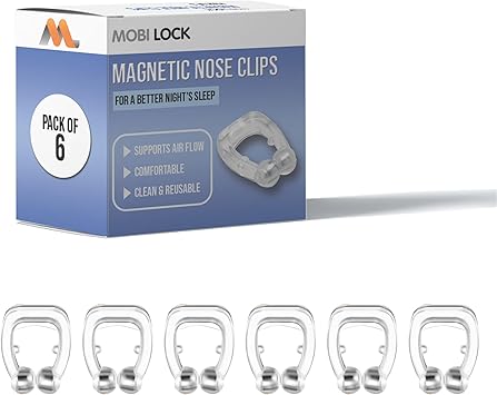 Pack of 6 Magnetic Anti-Snore Clips - Silicone Nose Clips - Reusable Snoring Solution for Nasal Snorers - Enjoy a More Peaceful Nights Sleep - by Mobi Lock