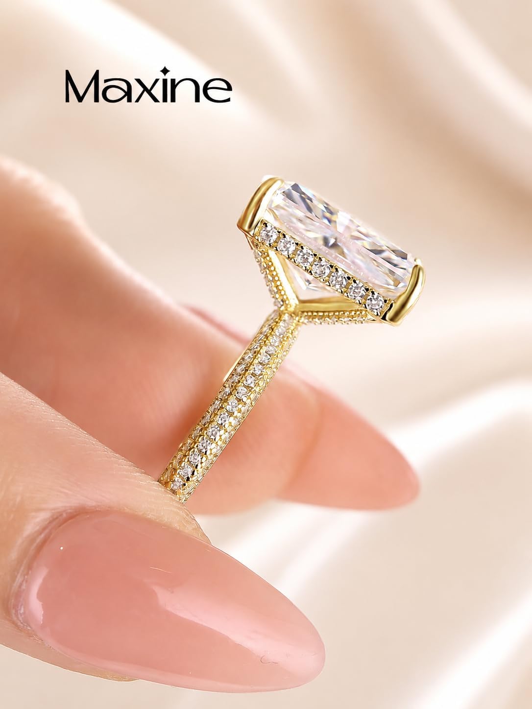 Maxinejewelry 4.5 Carat Radiant Cut Wedding Ring Set for Women,Extra-thick Gold Plated S925 Silver Engagement Ring and Half Eternity Wedding Band Set
