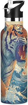 ALAZA Tiger Wave Vintage Water Bottle with Straw Lids Vacuum Insulated Leakproof Stainless-Steel Sports Bottle 20 oz Hot Cold Water Flask Reusable Insulated Bottles
