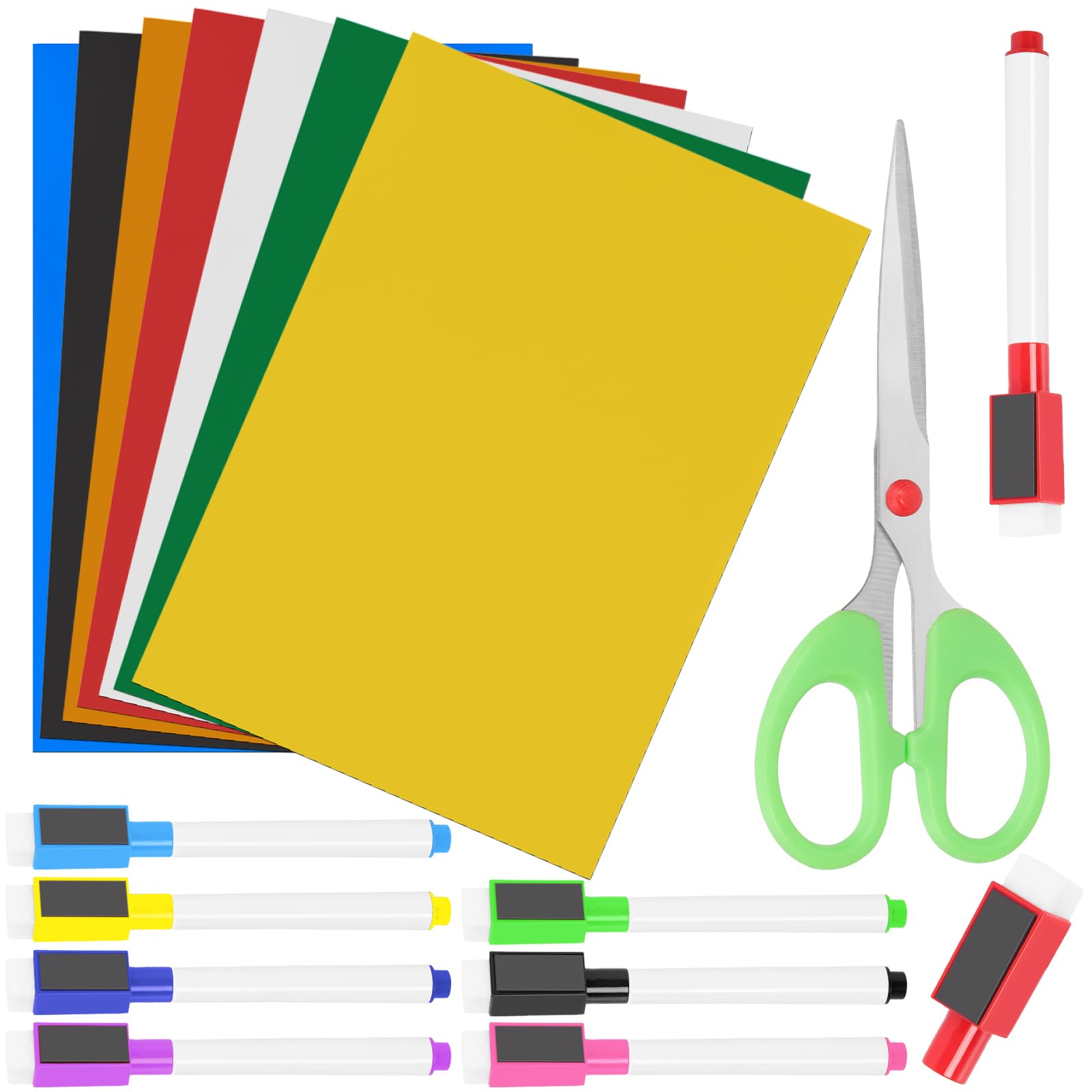 Glarks 7pcs 8.2’’ x 11.7’’ Magnets Vinyl Sheet Kit, 7 Colors Magnets Dry Erase Whiteboard Sheet, Removable Anisotropic Magnetic Sheets with 8pcs Dry Erase Markers and Scissors