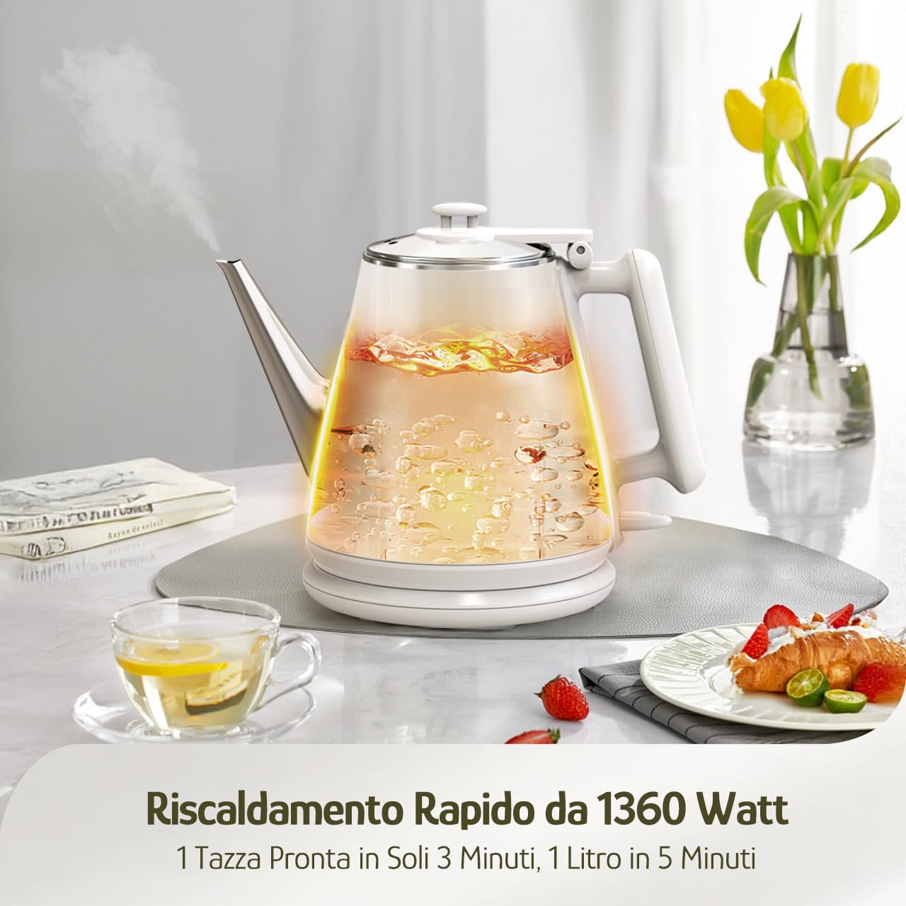 Hazel Quinn Mini Bollitore Elettrico 1 L, Inox, Doppia Parete, Bianco Perla | Bollitura Rapida 1360 W, Inox, Senza BPA, Doppia Parete Fredda al Tatto, Senza Fili, Autospegnimento, Beccuccio a Collo d'Oca