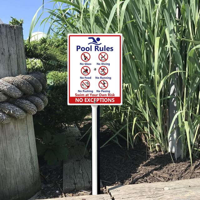 Cartelli Regole Piscina, "No Diving No Glass", "No Food No Pushing No Running No Peeing in Pool Swim at Your Own Risk" Cartello da Giardino con Pali, 17,5×22 cm, Cartelli da Giardino