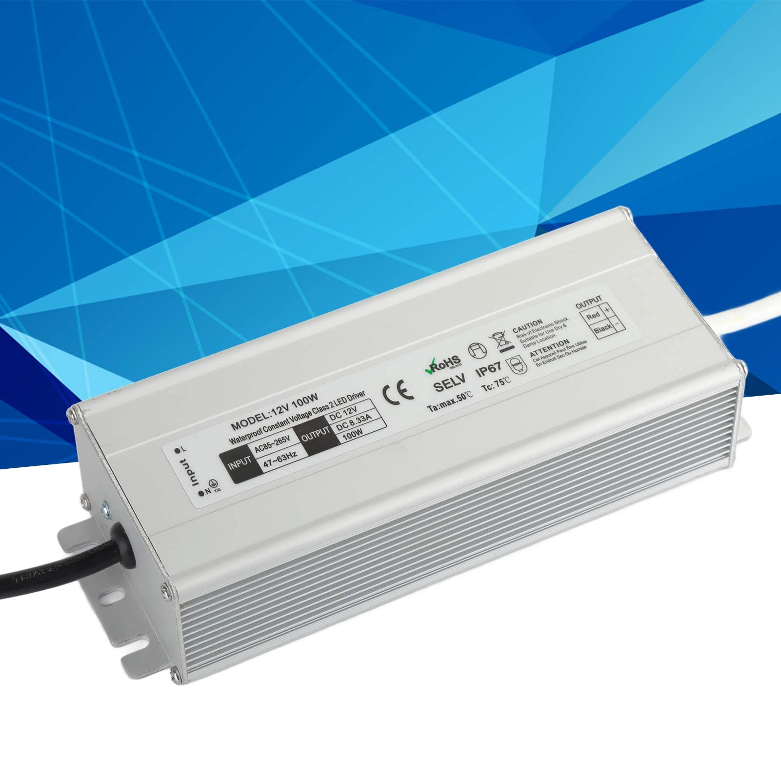 Driver LED 100W 12V/24V Impermeabile IP67 Trasformatore LED Alimentatore LED da 85~265V AC a 12V/24V DC Uscita a bassa tensione per luce LED, Computer Project, Industriale, Luce esterna(Spine UE-12V)