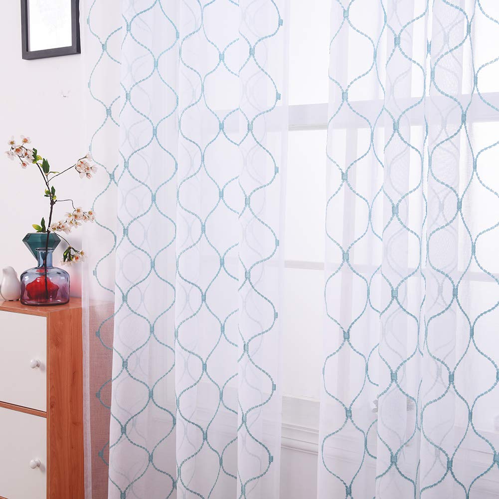 Cortinas traslúcidas bordadas azules de 63 pulgadas, cortinas de gasa con bolsillo para barra para sala de estar, dormitorio, tratamientos de ventana, paneles de cortina ondulados con diamante 5