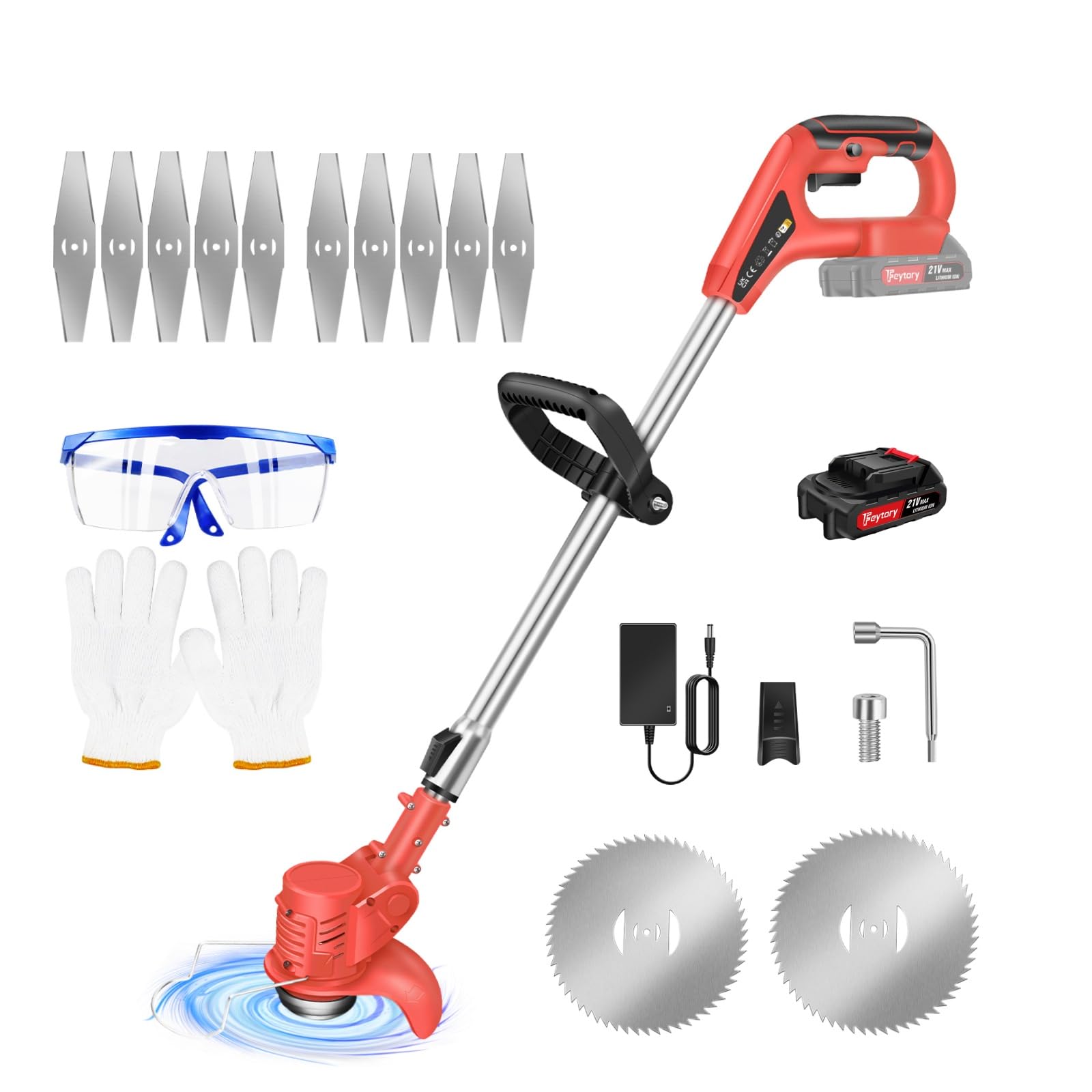 Cortador de hierba inalámbrico de 21 V, desbrozadoras telescópicas, cortahierbas, eléctrico, portátil, cortahierbas, para la limpieza del jardín, las malezas, (con 1 batería/rojo)