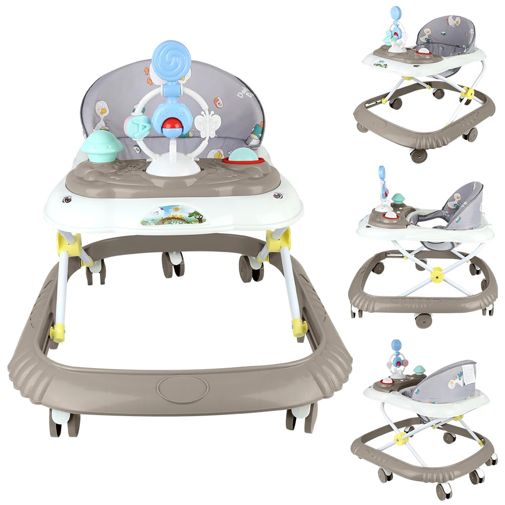 Andador de bebé, 6 meses juguetes y actividades, trotador con música y luces, asiento giratorio de 360 grados, 3 ajustable, asiento acolchado y lavable a máquina (67 * 72 * 92 cm - Caqui (B))