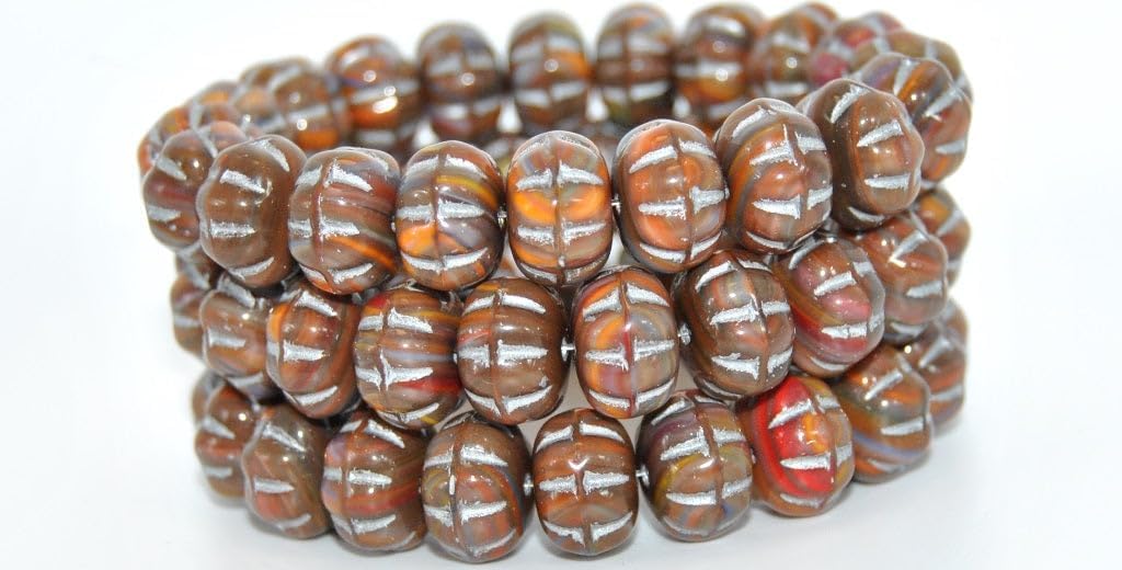 60 pcs Pressed Beads, Mixed Colors Brown Silver Lined (MIX-BROWN-54201), 8 x 11 mm, Glass, Czech Republic