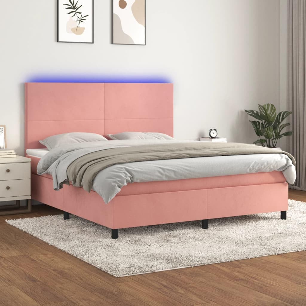 Sommier à Lattes tapissier Rose 180x200 cm avec Matelas Ressorts ensachés, tête de lit réglable en Velours, Bande LED intégrée pour Chambre Adulte ou Enfant