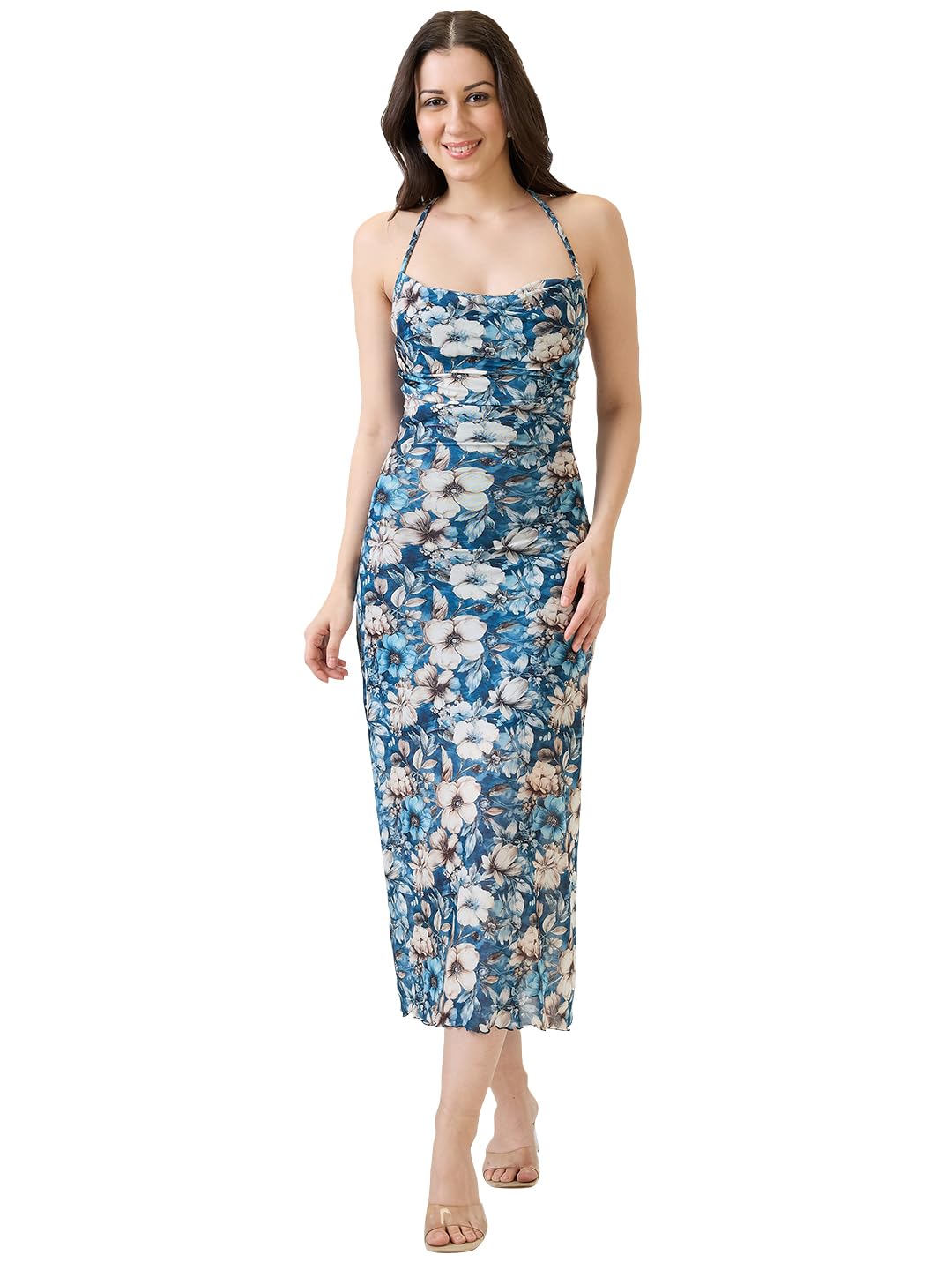 Women Animal Textured Square Neck Strappy Shoulder Ruched Midi Bodycon Party Dress-image-16
