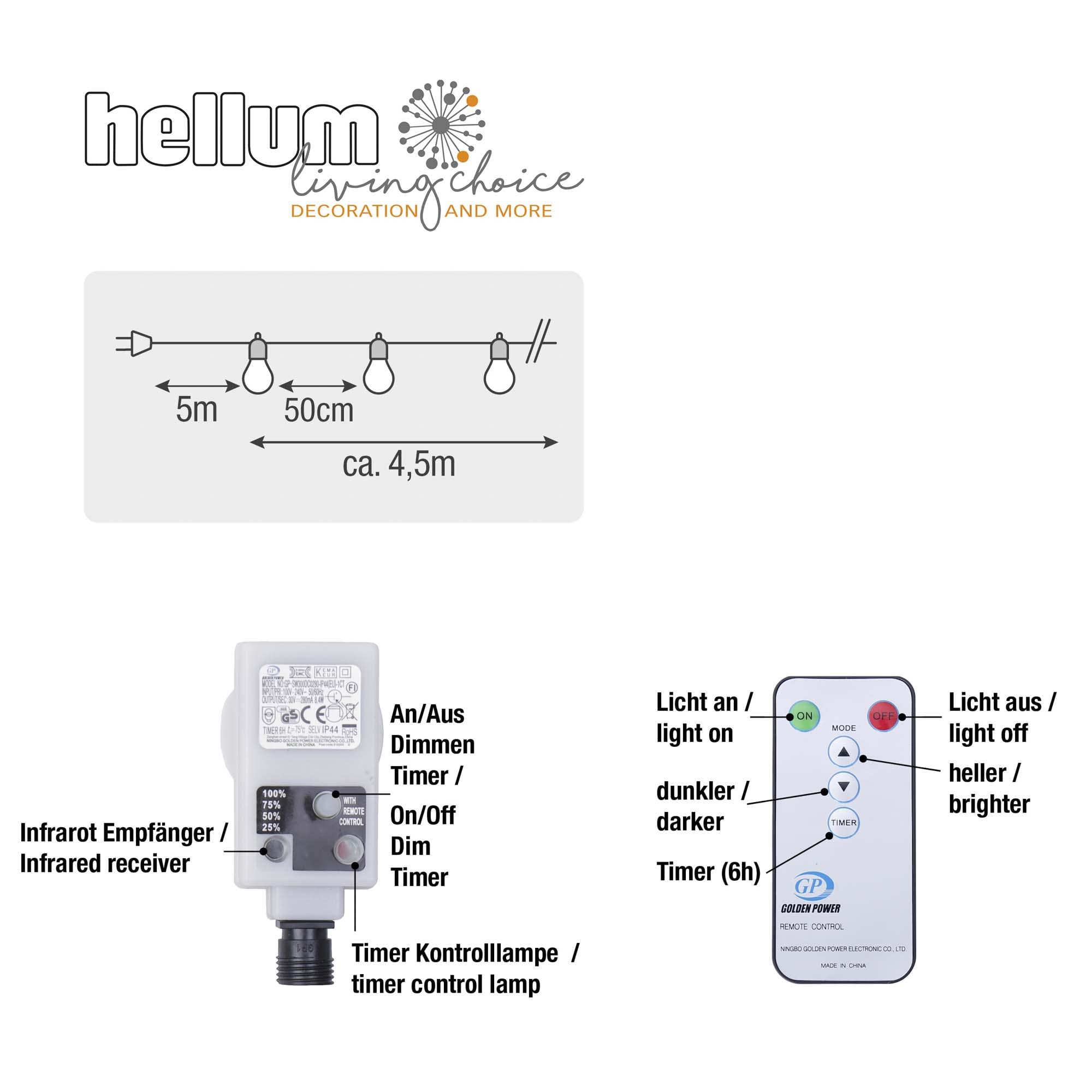 hellum LED Party Lichterkette außen dimmbar mit Timer, LED Glühbirnen Lichterkette mit Fernbedienung beleuchtete 4,5m, 10 Lampen Bunt Partybeleuchtung für Biergarten Zimmer 523201