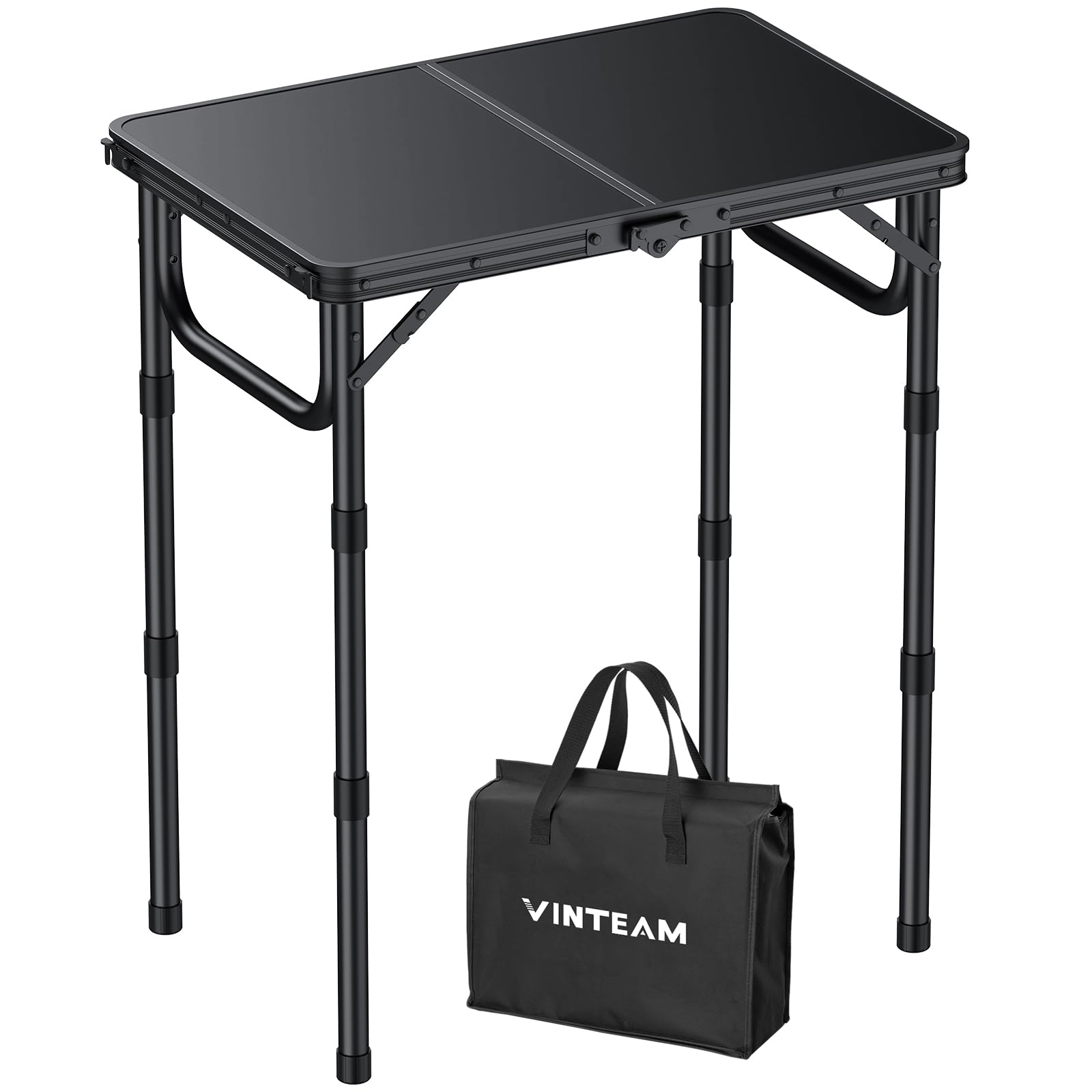 VINTEAM Camping Folding Table with Adjustable Height, Lightweight Portable Outdoor Picnic Table, BBQ Grill Side Table, Durable Aluminum Frame, MDF