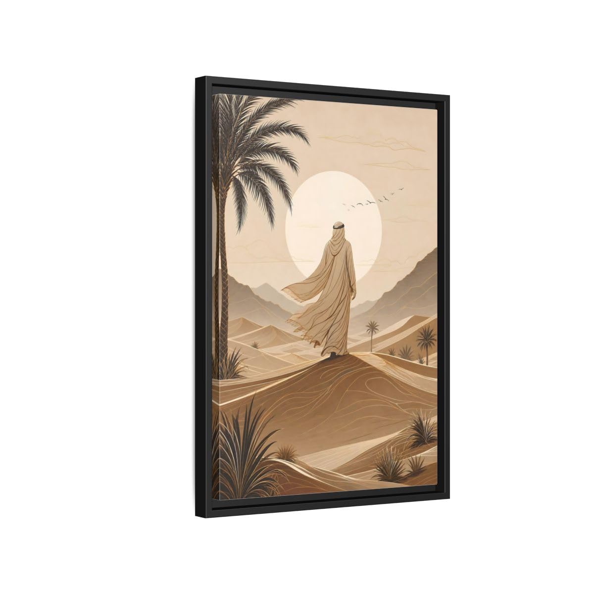 Brązowy beżowy pustynny podróżnik owinięty galerią wydruk na płótnie - ilustracyjna dekoracja ścienna do salonu 16 × 24 cale (40 × 60 cm) - pionowy/czarny / 1,25 cala (3 cm)