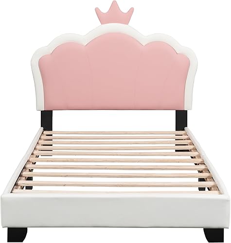 Miniatura 4 de Cama de princesa tapizada tamaño individual con cabecera corona, marcos de cama de princesa para niñas (individual)