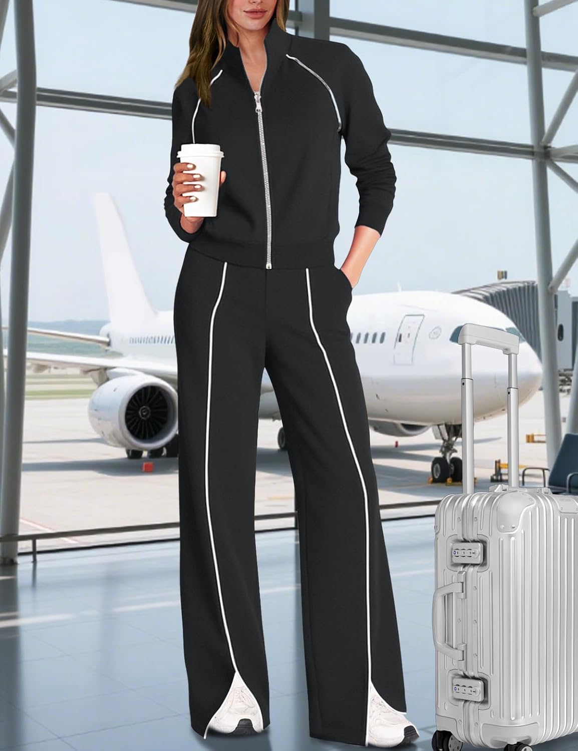 UNIANKIYA Womens 2 Piece Lounge Set Tracksuit Sweatsuits Full Zip Jacket Wide Leg Pants Matching Sets Travel Airport Outfits