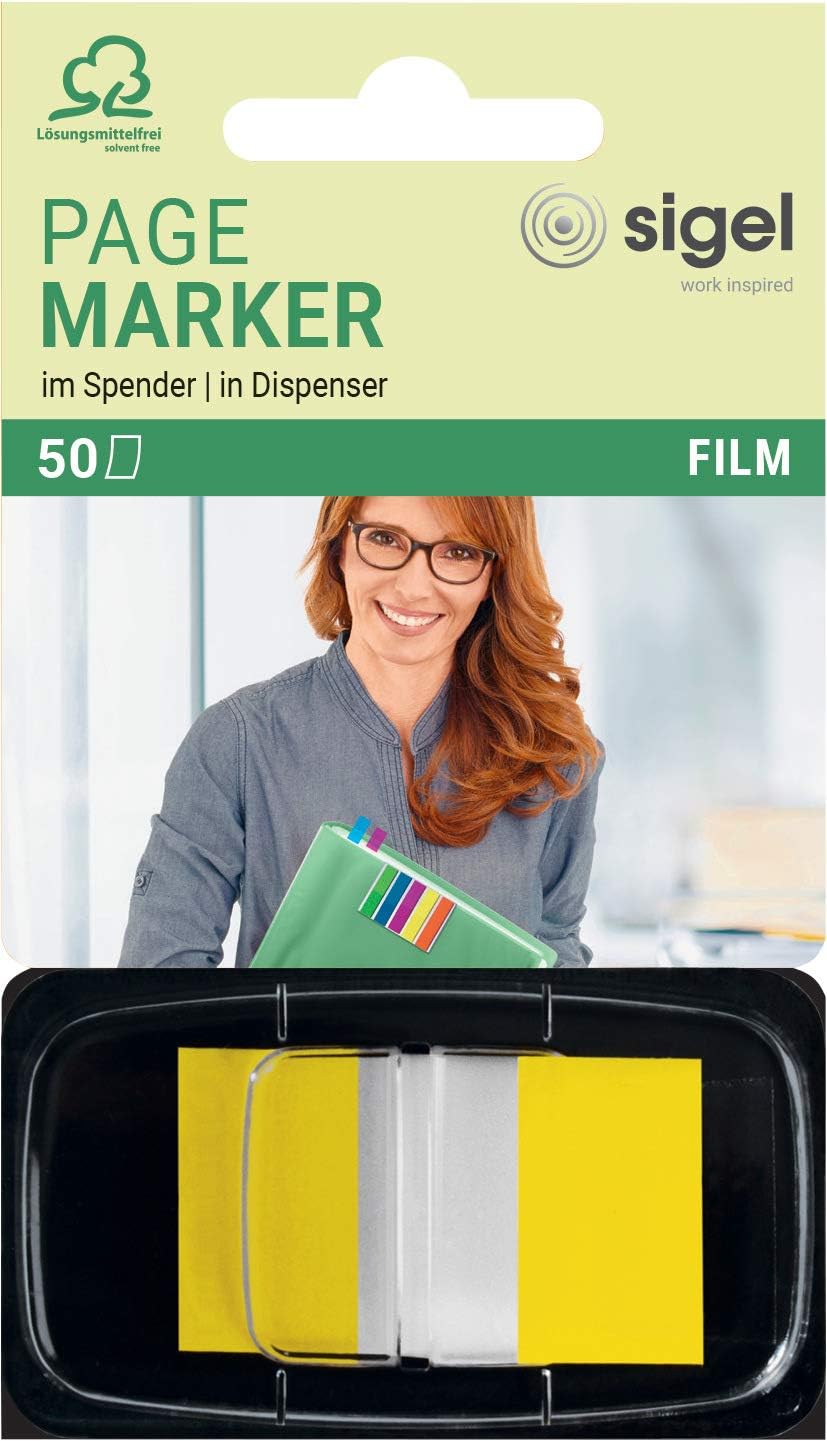 Sigel HN490 Z-Markers, Sticky Flags, Page Markers, Index Tab Flags, Film, Removable, Transparent with Yellow tip, 0.98 x 1.69 inches, 50 Strips in a Convenient mini-Dispenser