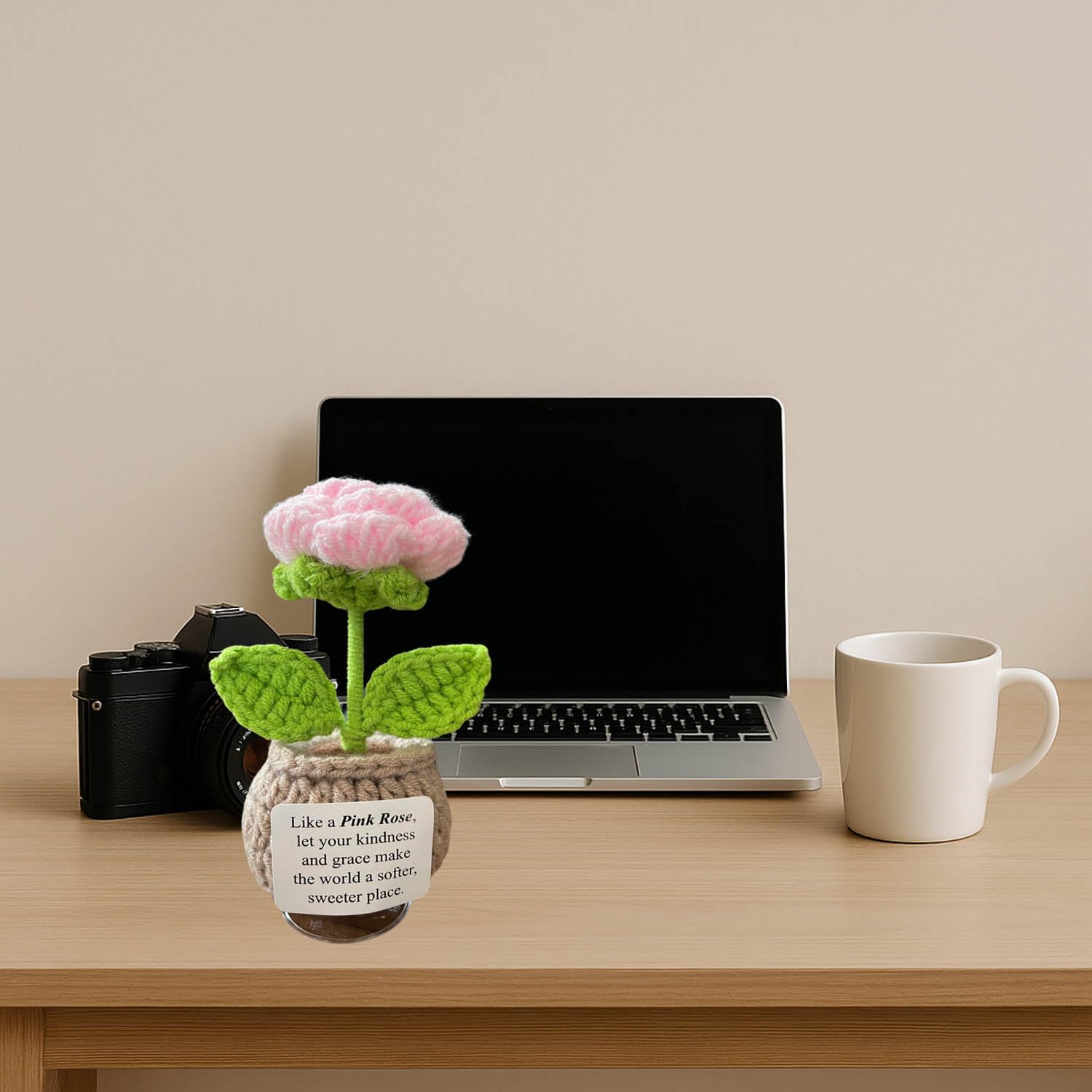 Handmade Crochet Flower Pots with Card | Decor, Gift, Appreciation for Women, Best Friends, Teachers, Coworkers | Perfect for Birthday, Christmas, Mother’s Day, Special Occasions (Pink Rose)