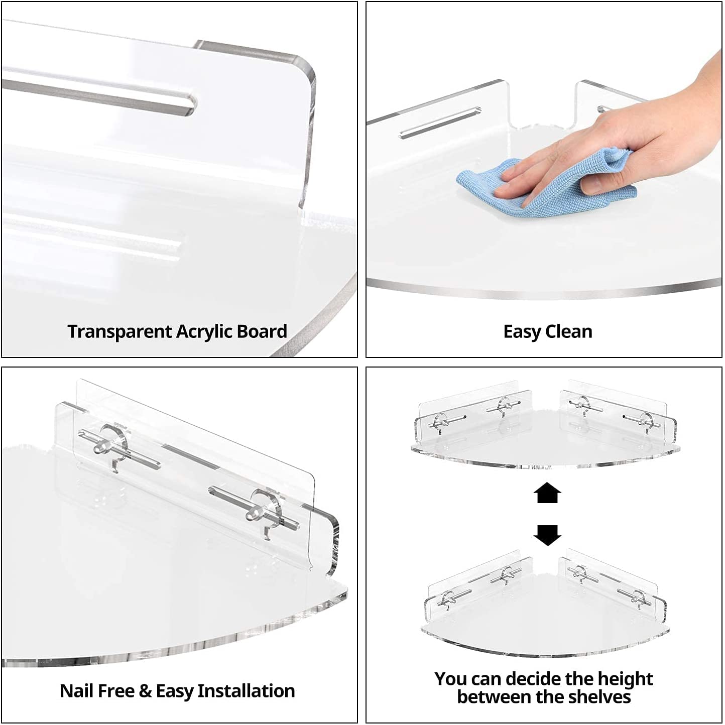GeekDigg Corner Shower Caddy - Set of 2 No-Drill Acrylic Bathroom Organizer - 10"x11"x2" Wall-Mounted Adhesive Shower Shelf with Razor Holder for Storage - Clear