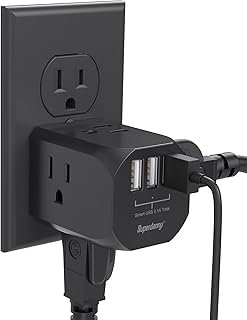 Wall Plug Outlet Extender, SUPERDANNY Outlet Splitter with 4 Electrical Outlets & 3 USB Ports Extra-Wide Spaced Cube Charger, Cruise Ship Approved Wall Plug Charger for Home Office Dorm Hotel, Black