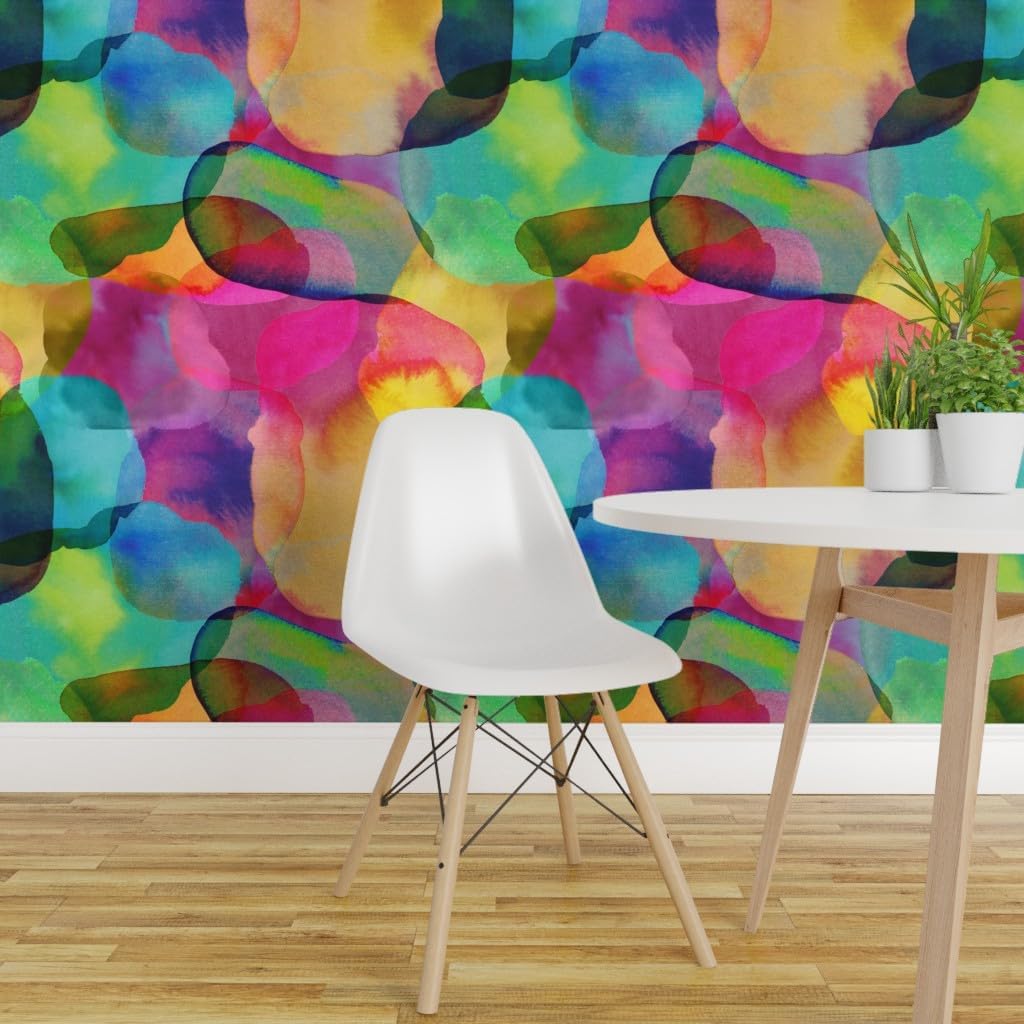 Removable Wallpaper 12ft x 2ft - Abstract Watercolor Rainbow Paint Colourful Bright Pastels Colorful Room Custom Pre-Pasted Wallpaper by Spoonflower