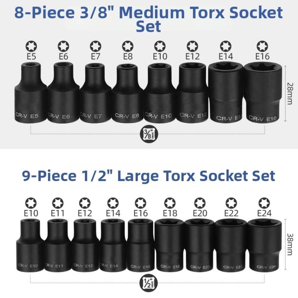 Lot de 17 douilles métriques de type E, acier au chrome vanadium, poignée ergonomique antidérapante, pour réparation automobile et bricolage