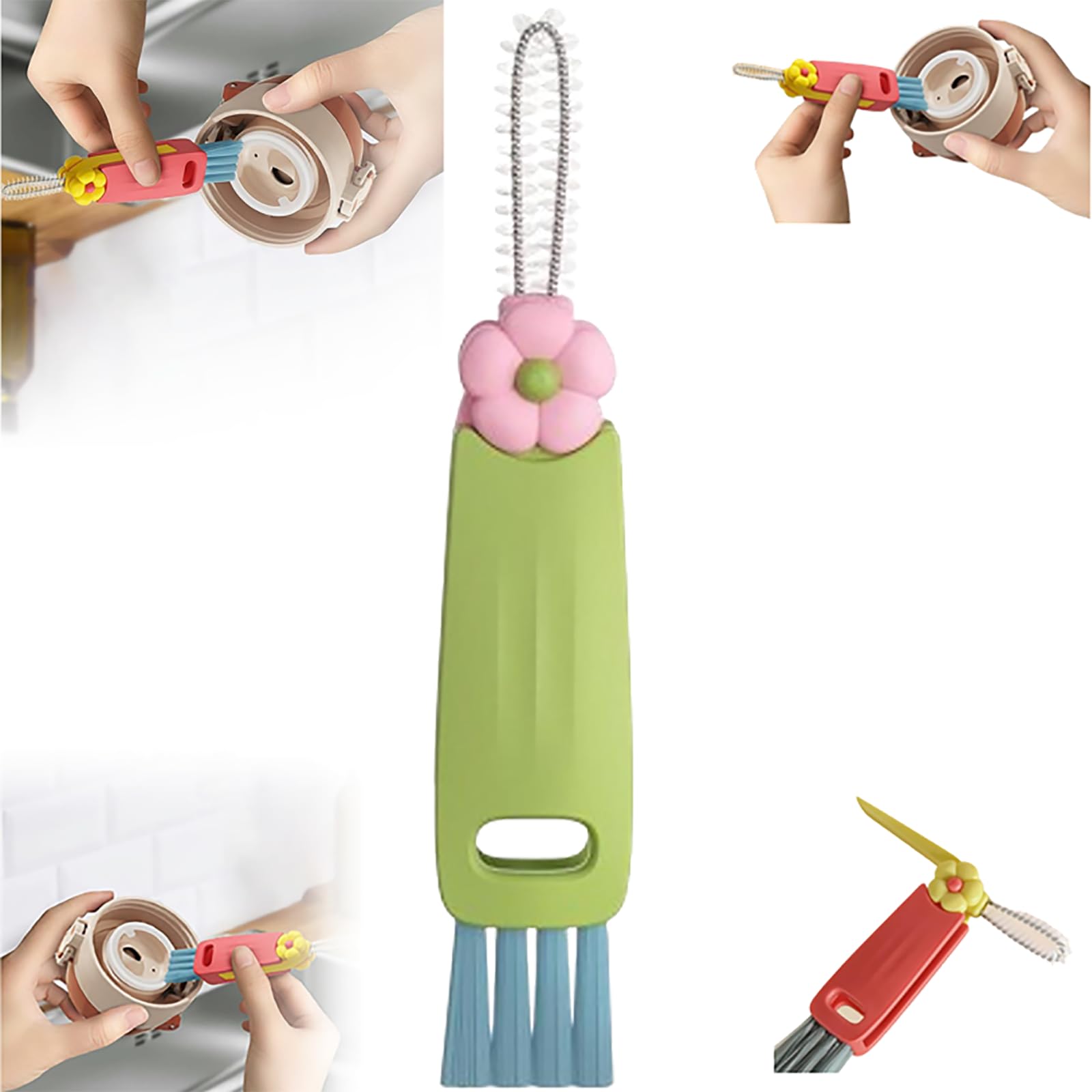 3 in 1 Lid Cleaning Brush, 2024 Upgrade Multifunctional Crevice Portable Brush for Bottle Gap Tight Spaces, Multi-Purpose Tiny Silicone Cup Holder Cleaner (Green, 1 Pack)