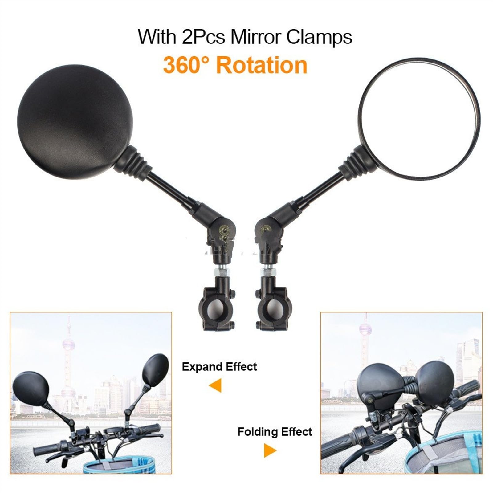 Faltbare Runde Fahrradspiegel Weitwinkel-Motorrad-Rückspiege 360° Verstellbarer Fahrradreflektor E-Bike-Roller-Spiegel Motorrad Rückspiegel | No Handlebar Clamp