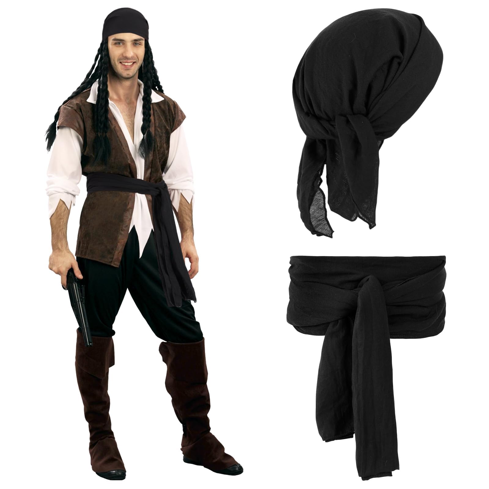 DAMILY Piratenkostüm Damen Herren Piraten Verkleidung Accessories Kostüm-Outfits Kopftuch Hut Zubehör Schärpe Gürtel Schal Bandana Taillengürtel für Halloween Cosplay Karneval