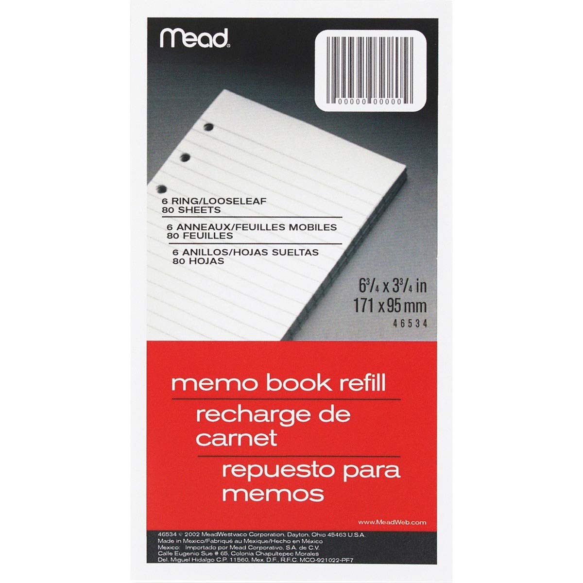 Mead 6-ring Memo Book Refill College Rule 6hp 6-3 4 X 3-3 4 80 Sheets White Pk -