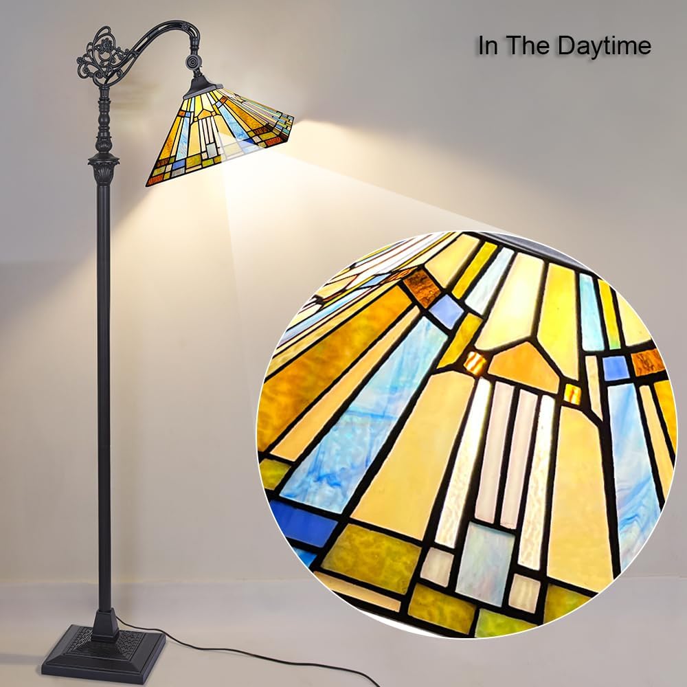 Capulina Tiffany Lamp Stained Glass Floor Lamp 62" Tall Antique Mission Soft Light Arched Adjustable Angle Tiffany Style Reading Lamp for Living Room Bedroom Study Home Office