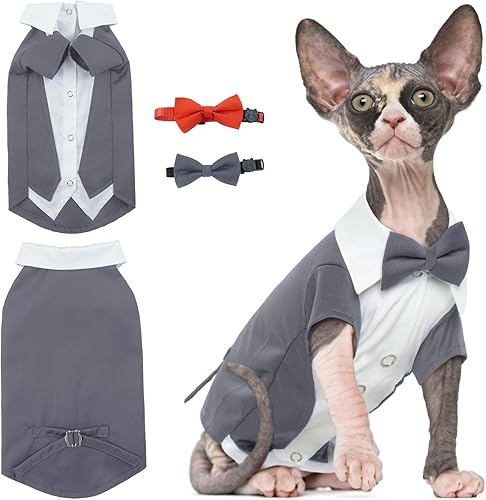 Miniatura 9 de DENTRUN Traje de esmoquin de gato con dos corbatines, elegante camisa de gato, atuendo formal de gato, ropa de moda de gato sin pelo, atuendo formal