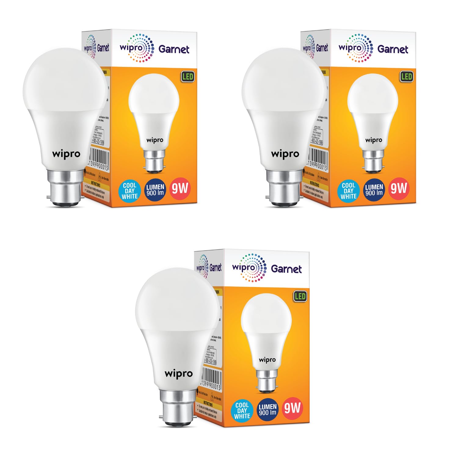 wipro Garnet 9W LED Bulb for Home & Office |Cool Day White (6500K) | B22 Base|220 degree Light coverage |4Kv Surge Protection |400V High Voltage Protection |Energy Efficient | Pack of 3