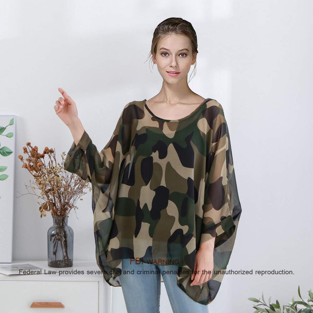 Damska luźna bluzka nietoperz szyfonowy top kamuflaż nadruk kimono poncho tunika kaftan okrycie