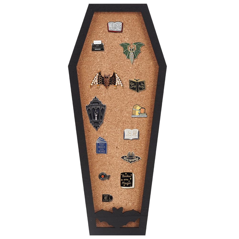 BENECREAT Coffin Bat Pin Board Cork Board, 11.2x4.7inch Bulletin Display Board Wall Mounted Cork Board with Black Frame for Brooch Pin Display, Home