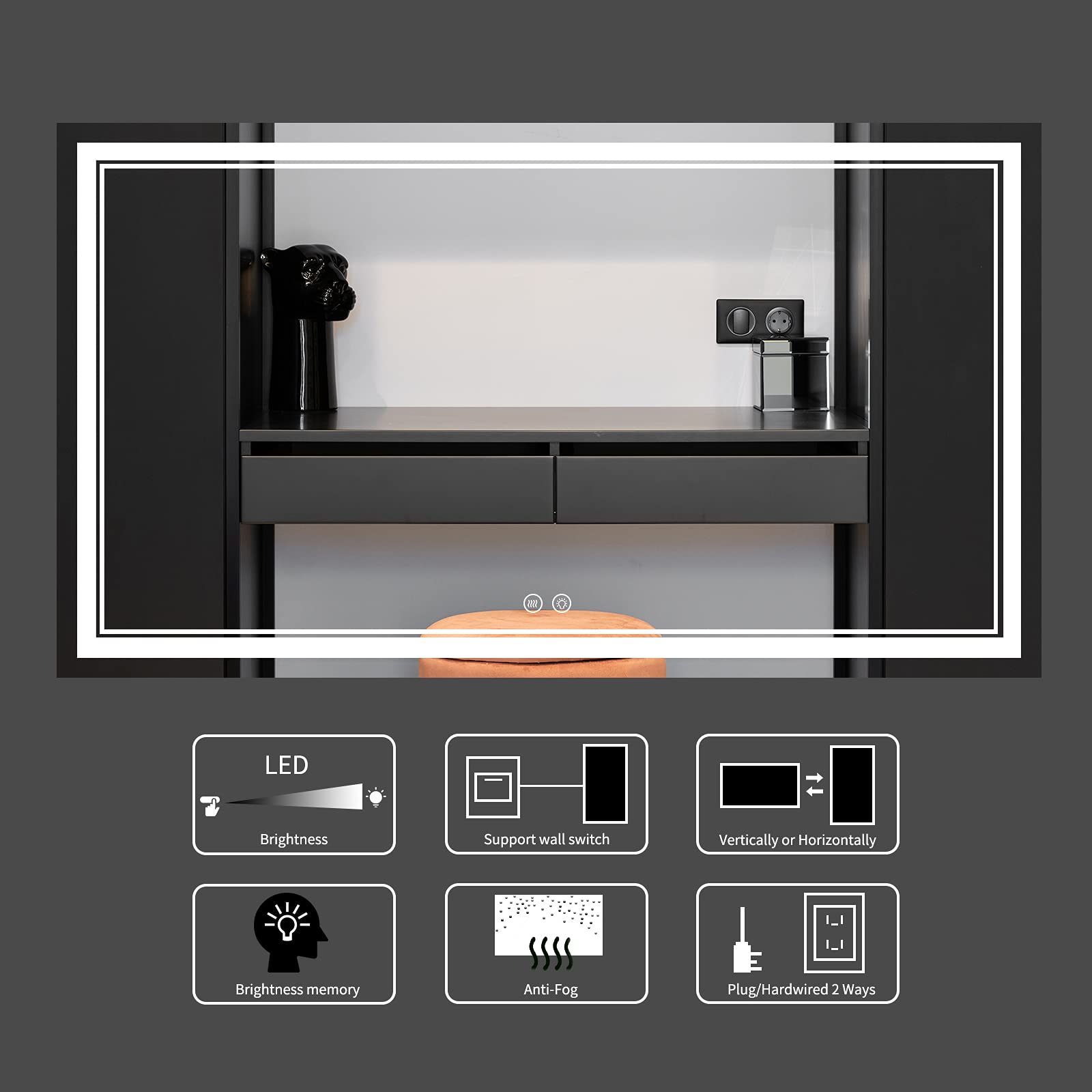 ISTRIPMF 40x24 Inch Lighted Bathroom Mirror Wall Mounted Vanity Mirror with AntiFog,Dimmable