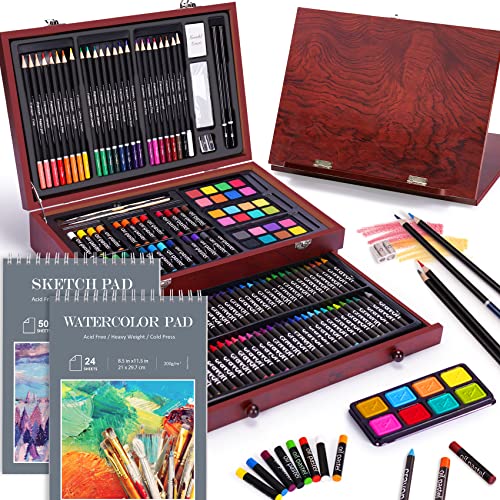 146 Piece Deluxe Art Set with Easel, Wooden Art Box with 2 Drawing Pad, Drawing Kit with Crayon,Oil Pastel,Colored…