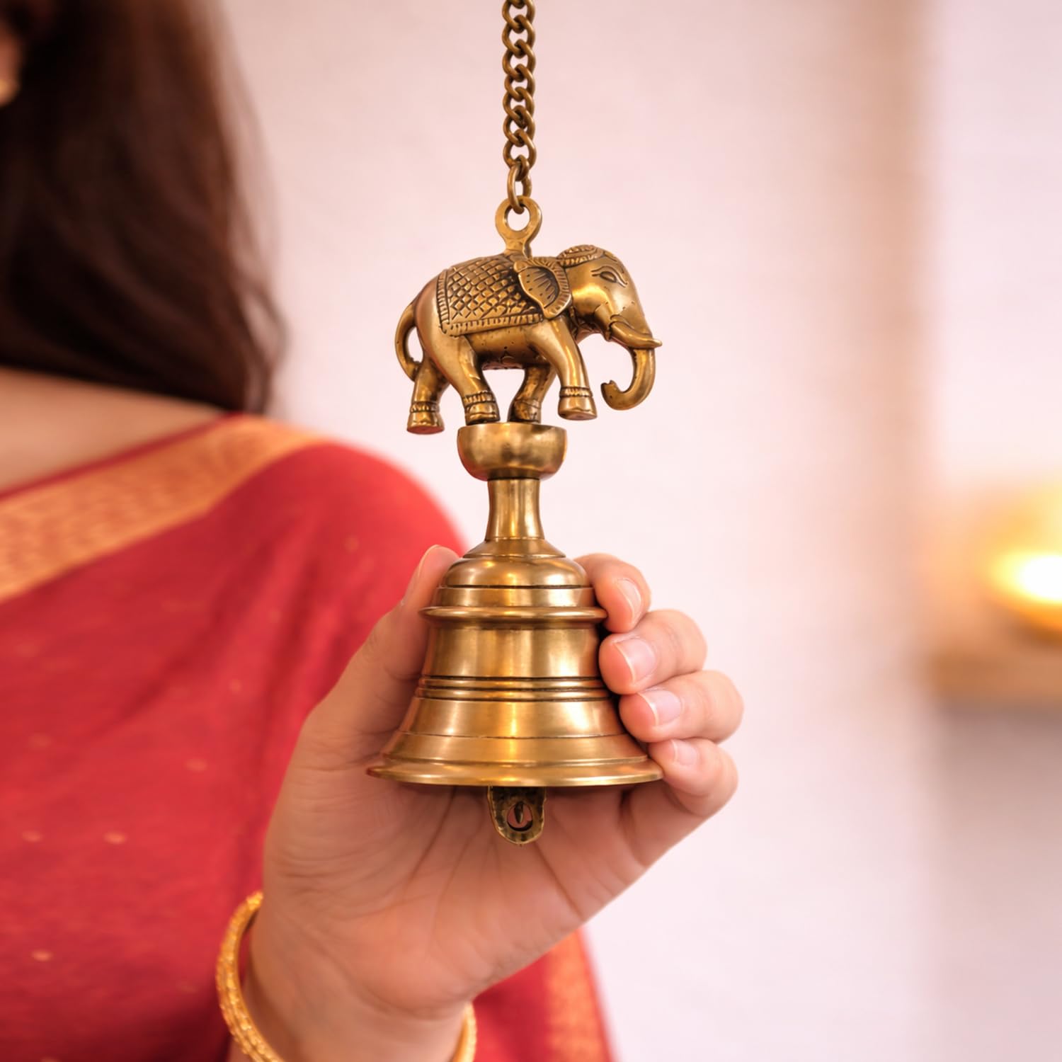 ExclusiveLane 'Sacred Elephant' Brass Decorative Hanging Bell (100% Pure Brass, Set of 2, 63.6 Cm, 1.1 Kg, Hand-Etched) | Brass Bells for Mandir Hanging Bells for Pooja Room Temple Bells for Mandir 1