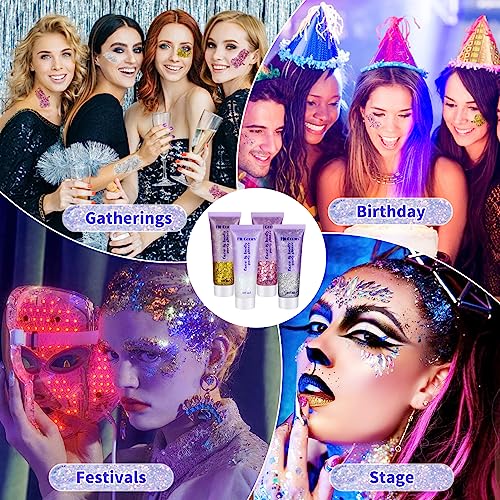 Body Glitter Gel, 4 Stück Glitzer Haare Festival Glitzer Gesicht Mermaid Sequins Körperglitzer Chunky Face Body Glitzer Gesichtsglitzer Glitzer Schminke Glitter Makeup Glitzer Körper für Party